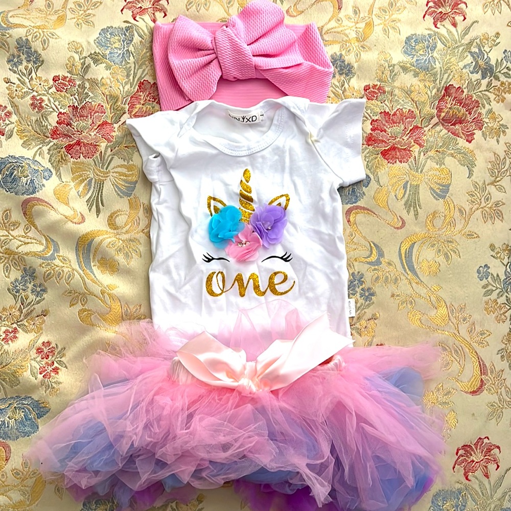 NNJXD Infant Girls 1 Pretty Pink Outfit Skirt, Shirt, Headband NWOT